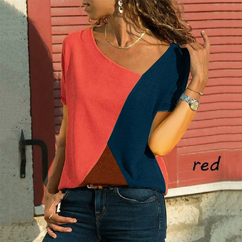 

Womail Summer Blouse Women's Top Fashion O-neck Casual Striped Short-sleeved Patchwork Striped Polyester Top Dropship Mar26
