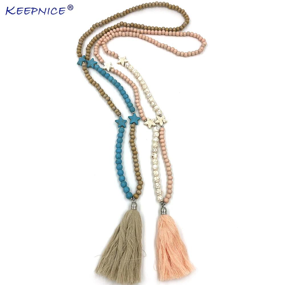 

New Handmade Cotton Tassel Pendents vintage Necklace Boho Bohemia wooden beads Long Fringe Statement Necklaces For Summer Women
