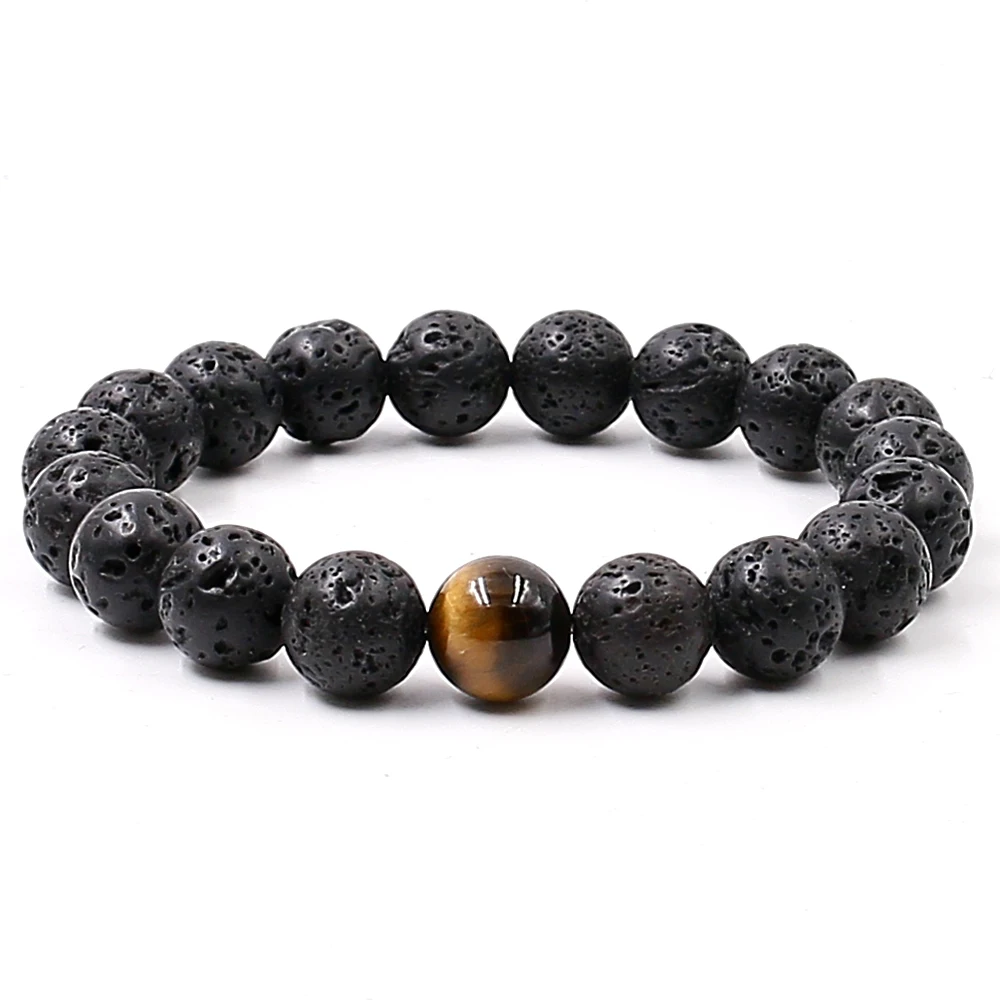 

YMorl Natural 10 mm Lava Bracelet For men High Quality Tiger Eye Stone Bracelets