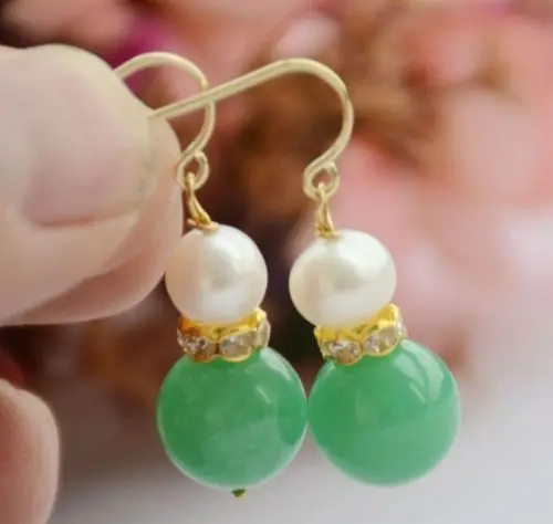 

12mm green stone + white akoya round PEARL DANGLE EARRING 14K CLASP