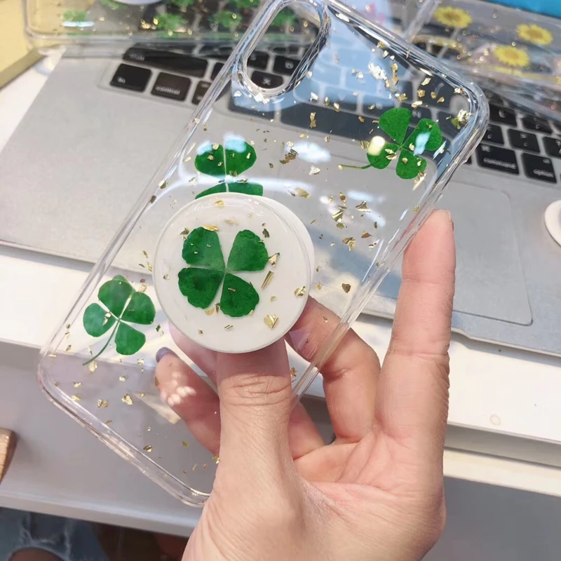 

Dried Real Flower Green Leaves Cases For iPhone XS Max XR X Case Handmade Clear Back Cover For iPhone 6 6S 7 8 Plus X Stand Case