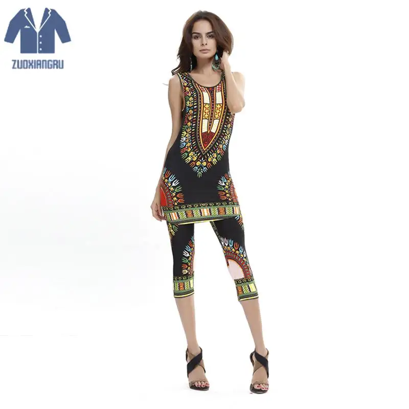 

Women Set Top Sleeveless Traditional African Fashion Dresses And Women Traditional African Leggings Summer Dashiki 2pcs Sets