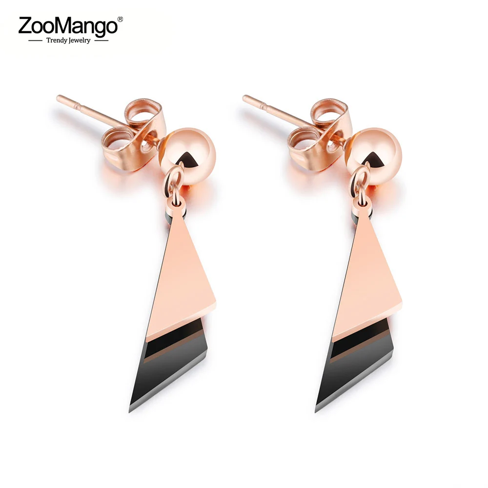 

ZooMango Trendy Titanium Steel Oblique Geometric Double Triangular Ball Stud Earrings Rose Gold Color Earrings For Women ZOGE371