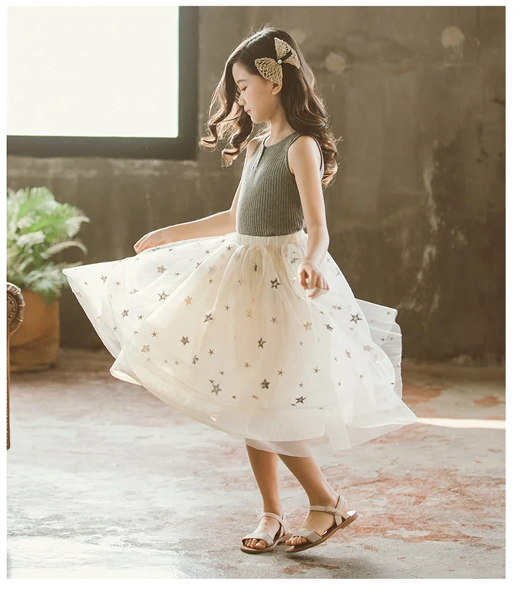 Длинная юбка из тюля с блестками и рисунком звезды для девочек-подростков 4-16 лет, милая детская юбка длиной до щиколотки в Корейском стиле, летняя одежда для крупных девочек