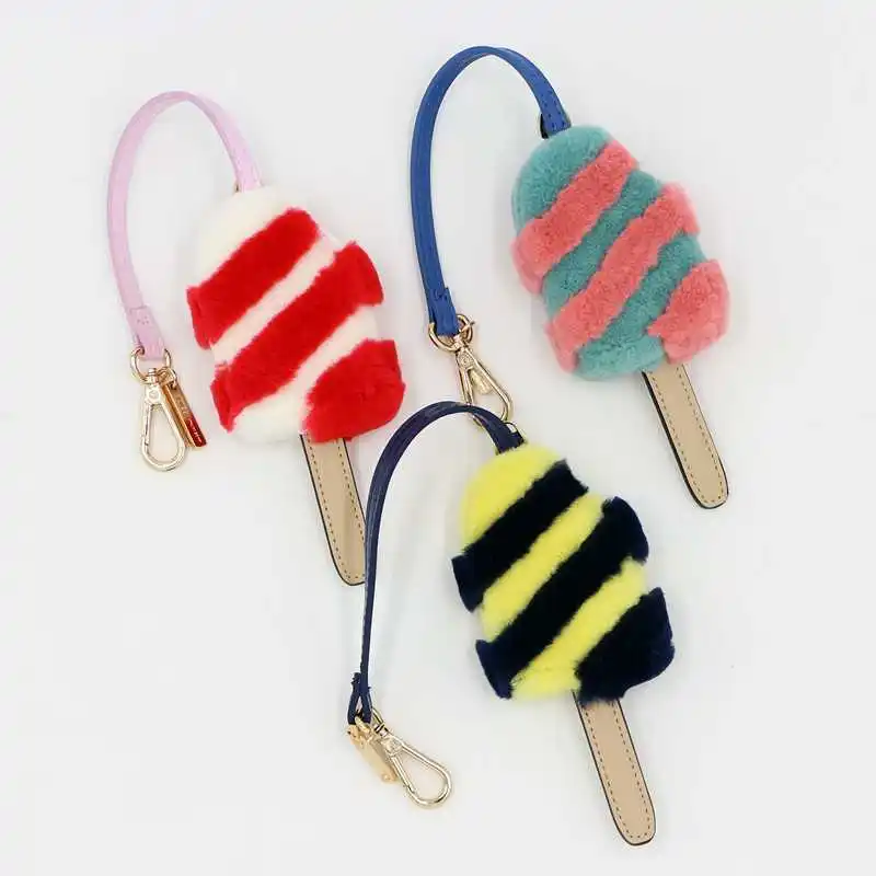 

2018 Cute Ice cream charm handbag Spring buckle keychain real rabbit fur bag charm key chains women leather lollipop decoration
