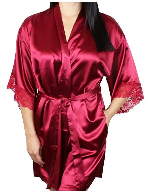 Сексуальное Женское ночное белье со средним рукавом, большие размеры M L XL XXL, кружевные женские халаты из натурального шелка LM93 - Цвет: wine