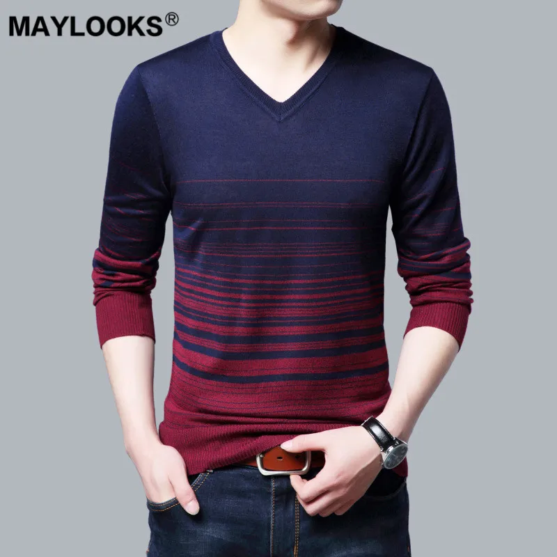 Maylooks 2018 полосатый цвет соответствия v-образным вырезом с длинными рукавами Мужская Трикотажный пуловер свитер тенденции моды бутик