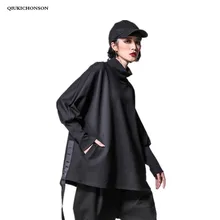 Хип-хоп топы размера плюс для женщин Весна уличная мода Половина воротник длинный рукав летучая мышь карманы шнуровка Jag свободные черные футболки