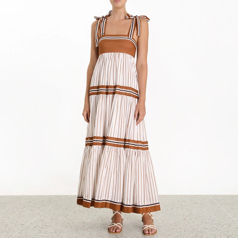 TOP QUALITY Paris Fashion 2020 Runway Designer Dress Women's Spaghetti Strap Striped Mid-calf | Женская одежда