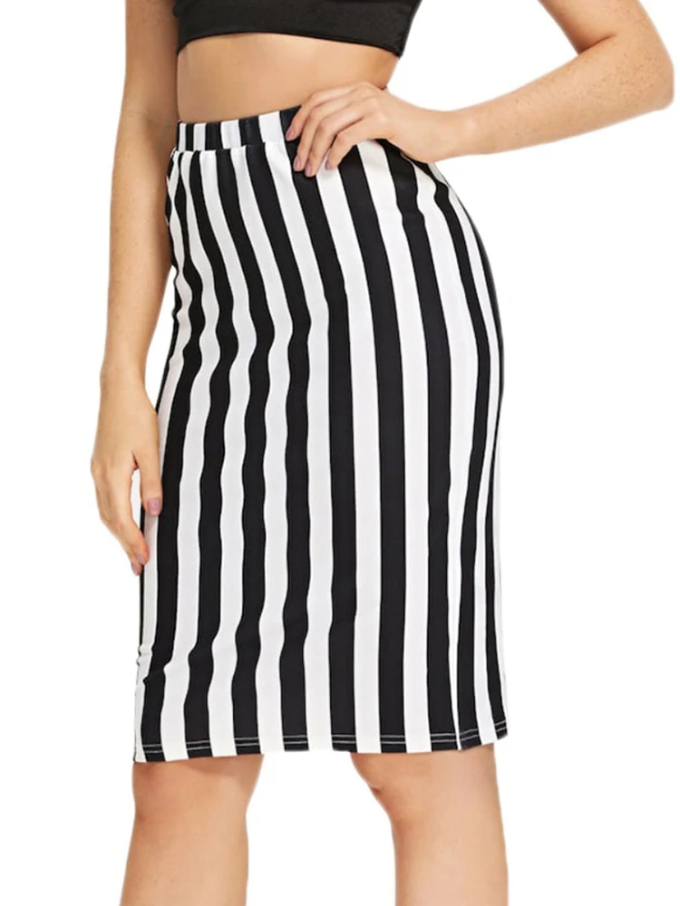 

Women Summer Striped Print Pencil Skirt Casual Knee Length OL Skirts for Female Faldas Mujer Moda Jupe Femme 2019 New Fashion