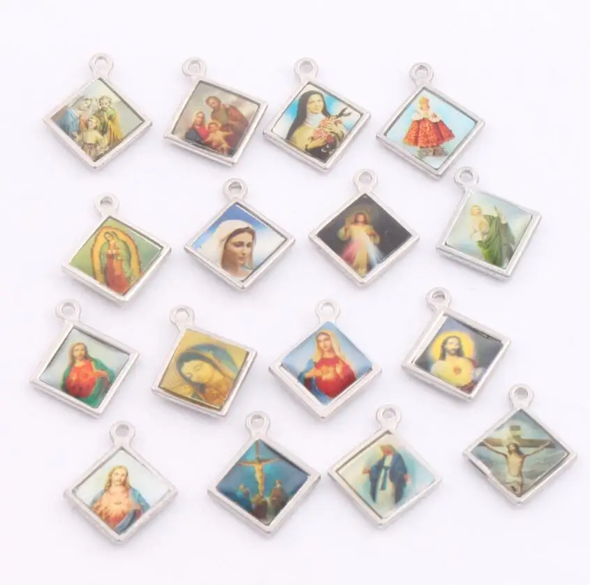Enamel Square Jesus Christianism Icon Cross Religious Charms Pendants