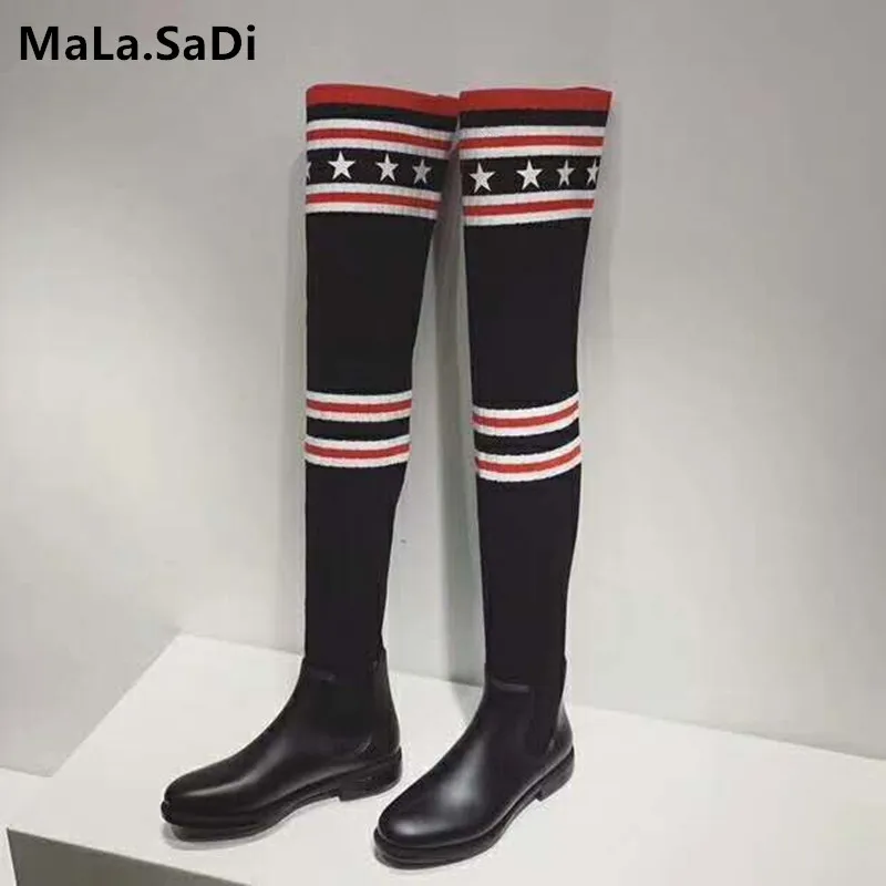 Fashion Cool Women Socks Boots Genuine Leather The Knee High Quality Stretch Fabric Elastic Flats Rubber Shoes Size 35-40