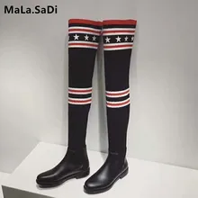 Fashion Cool Women Socks Boots Genuine Leather The Knee High Quality Stretch Fabric Elastic Flats Rubber Shoes Size 35-40