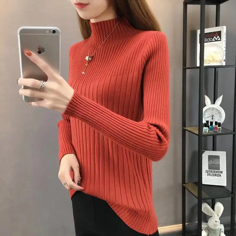 

High Quality Core Yarn Half-High Collar Women's Sweater And Korean Style Large Size Slim Long-Sleeved Pullover Sweater