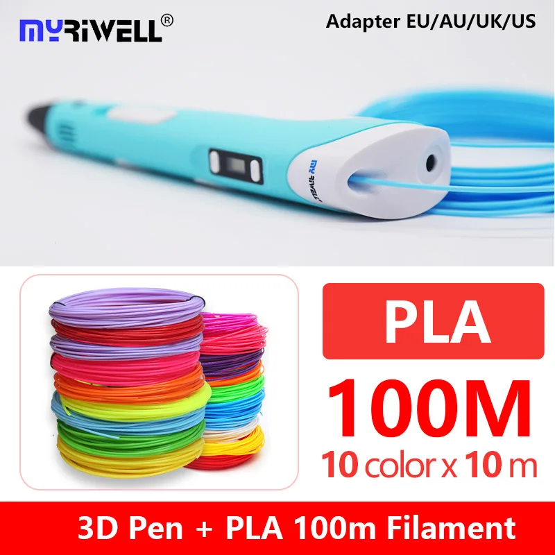 Myriwell 1,75 мм ABS/PLA 3D печатная ручка светодиодный/ЖК-экран 3D Ручка 3D Ручка+ PLA100M нить креативная игрушка подарок для детская игрушка для разрисовывания - Цвет: blue PLA  10color