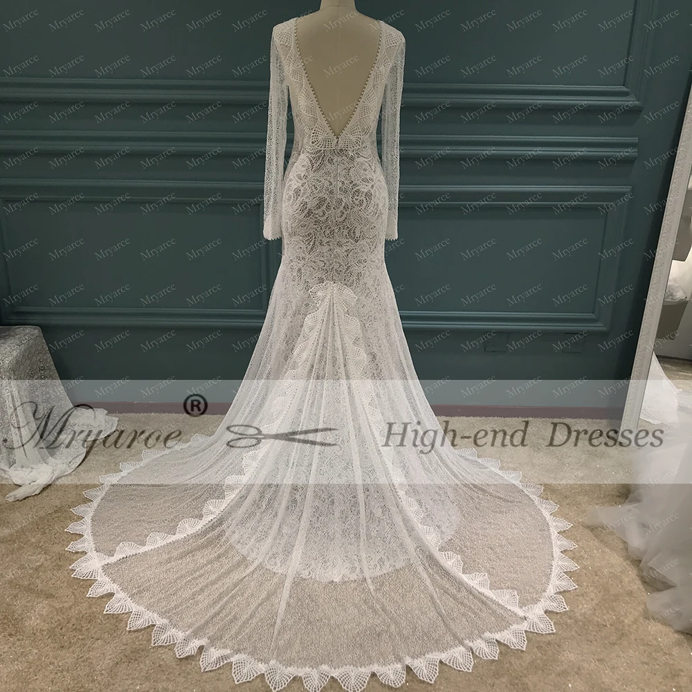Mryarce 2019 Unique Bride V Neck Open Back Lace Long Sleeves Wedding Dress Front Slit Chic Style Bridal Gowns  (2)