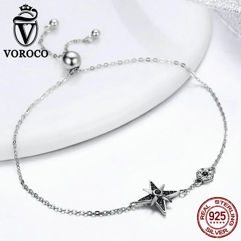 VOROCO 925 Браслеты стерлингового серебра звездный свет лак CZ браслет-цепочка для женщин Роскошные ювелирные изделия подарок BKB060