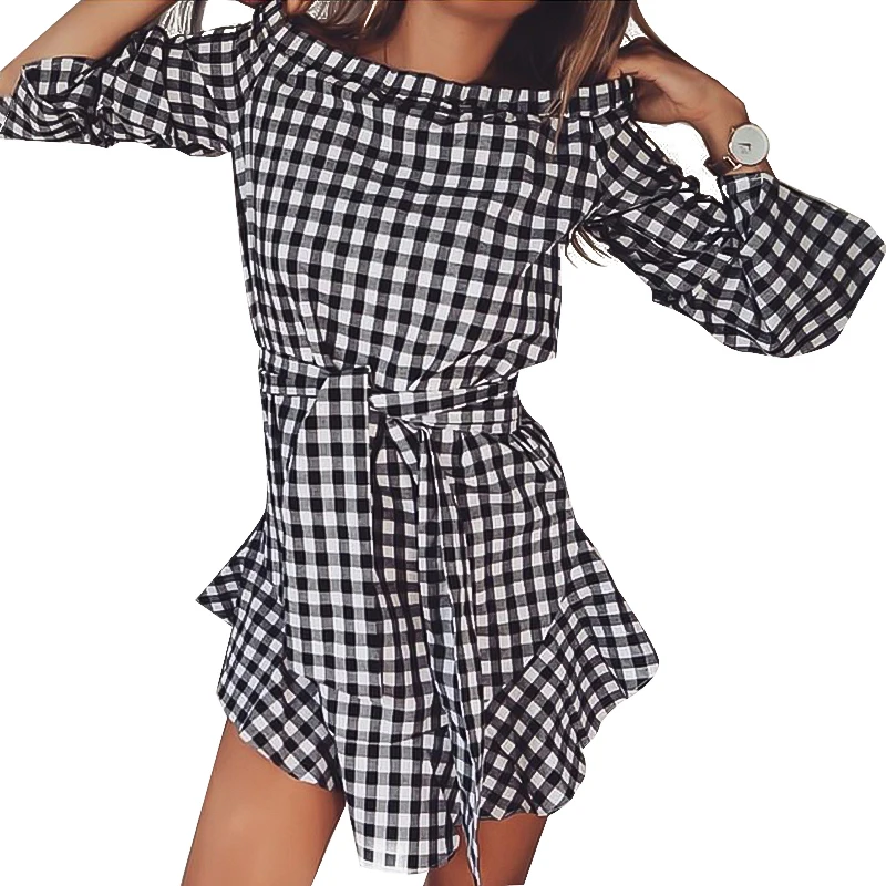 

2019 Winter Dress Women Temperament Word Collar Plaid Lace Female Long Sleeve Dress Woman Party Night Vestido Verano Mini Dress