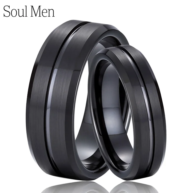

1 Pair Cool Black Tungsten Carbide Wedding Rings Set 8mm for Men 6mm for Women Comfort Fit Size 6 to 13