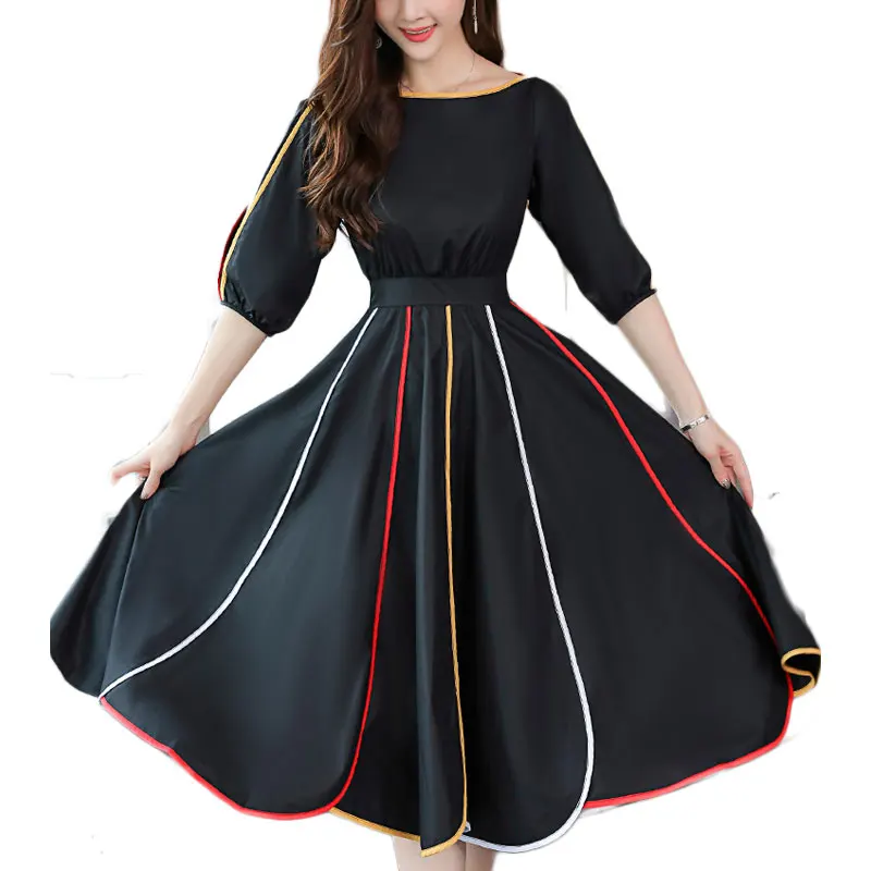 

2019 Spring New Women Half Sleeve Loose Flavour Black Dress Long Summer Vestido Korean Fashion Outfit O Neck Big SALE Costume