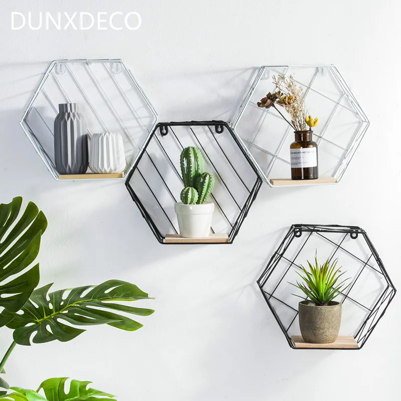 

DUNXDECO Home Office Storage Wall Hanging Shelf Iron Basket Craft Holder Modern Simple Geometric Home Office Decoration