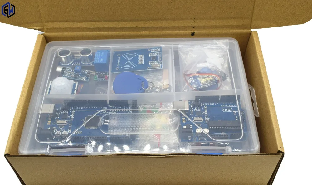 

arduino Starter Kit UNO r3 with MEGA 2560/UNO R3 /Lcd1602 I2C /Hc-sr04/HC-SR501/RC522/SG90/ Dupont cable in plastic box