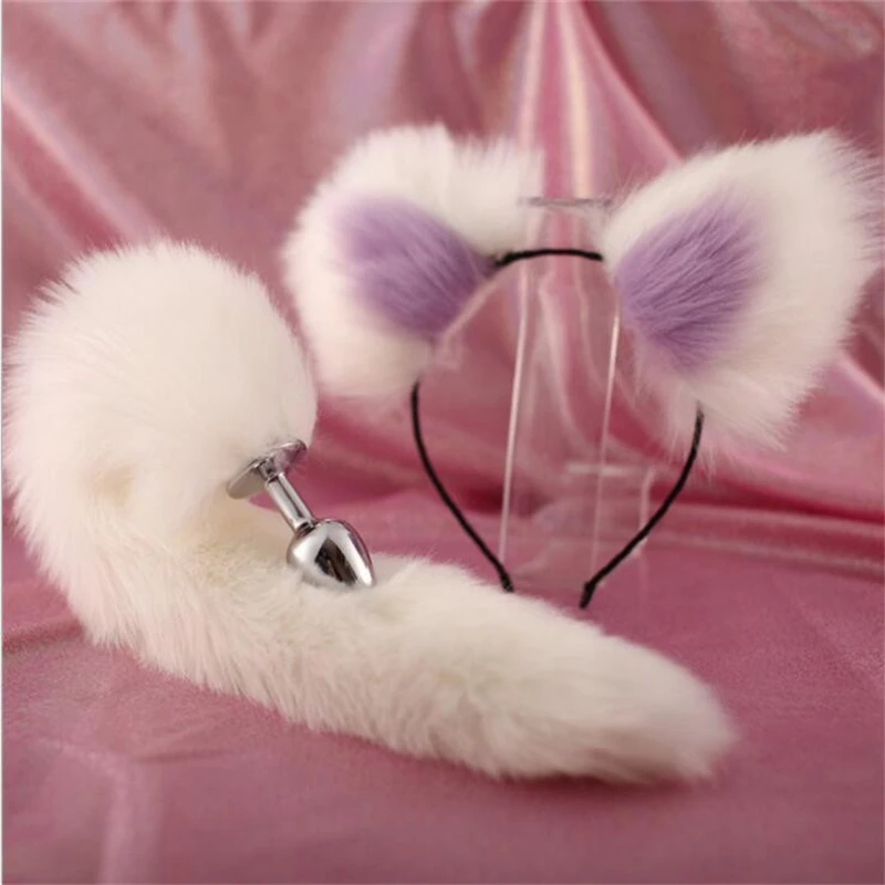 Sexy White and Purple Plush Ear Fox Tail Metallic Anal Plug SM Cosplay Adult Games Couple Flirting Sex Toy Products | Красота и