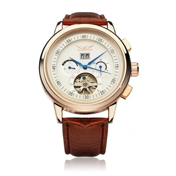 font b JARAGAR b font Brand Automatic Mechanical Tourbillon Flywheel Leather Watch Gift Box Relogio