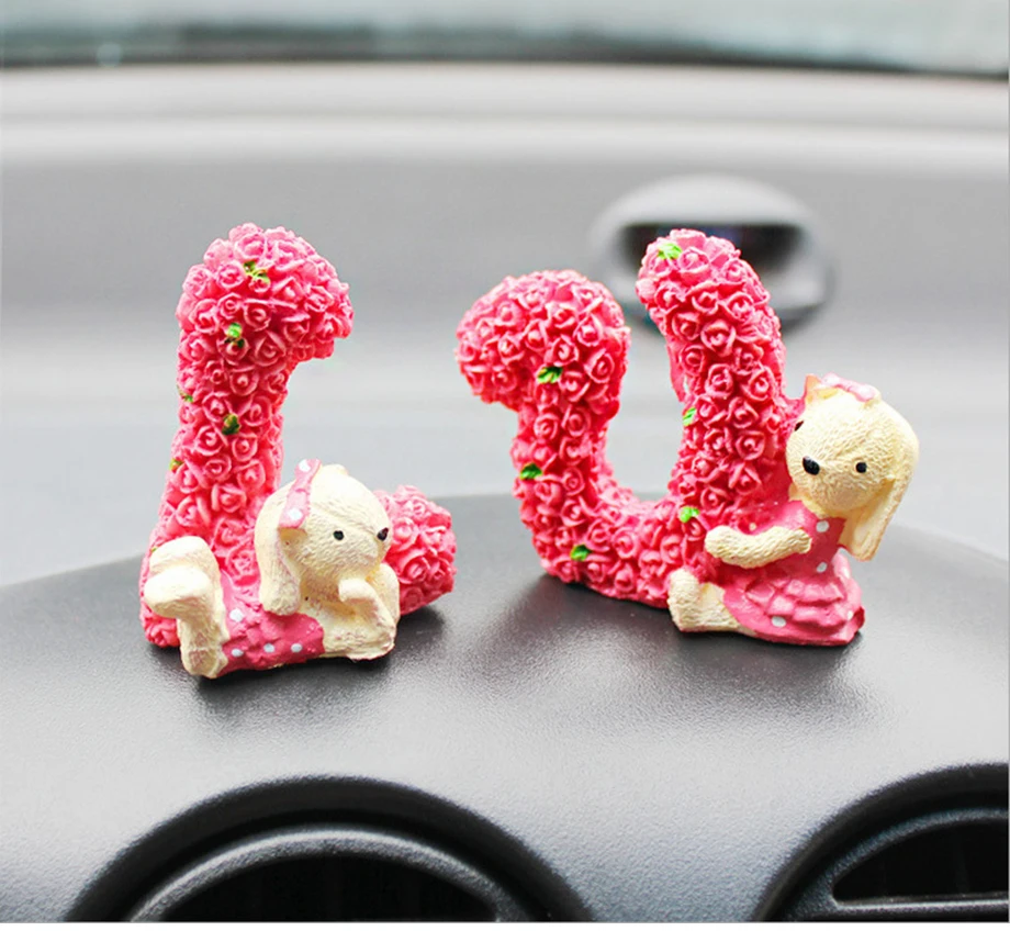 Romantic Car Ornaments Roses Love Cute Rabbit Car Ornaments Decorative Car Accessories For Girls Creative Wedding Gift (1)