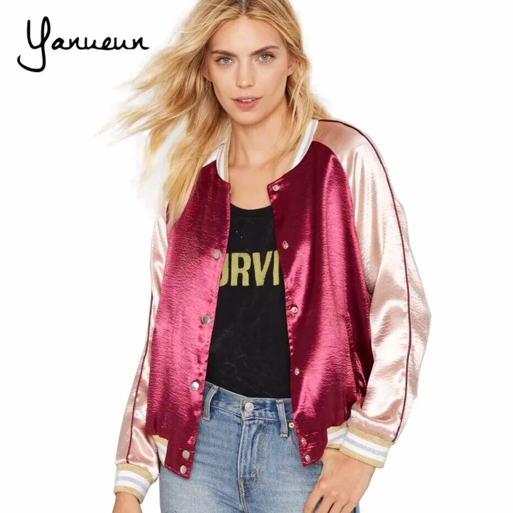 

Yanueun Spring Autumn Women Thin Jackets Tops Basic Bomber Jacket Long Sleeve Coat Collar Slim Fit Patchwork Outerwear For Lady