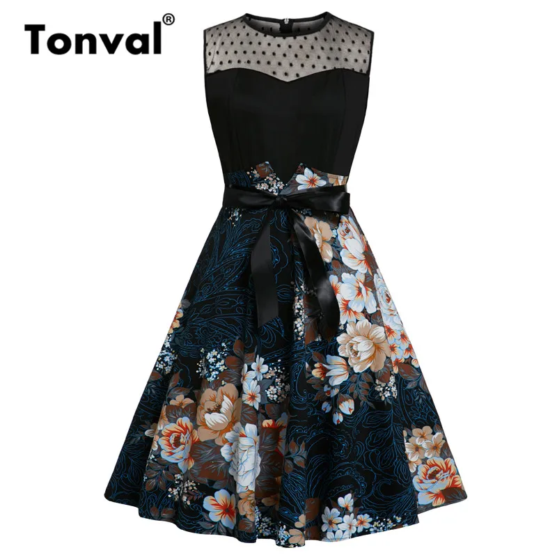 

Tonval Contrast Dotted Mesh A Line Glamorous Floral Dress Women Sleeveless Belted Vintage Sweetheart Black Elegant Dresses