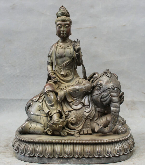 

S5529 12" Chinese Pure Bronze Copper Buddhist Kwan-yin QuanYin Ride Elephant Statue D0318