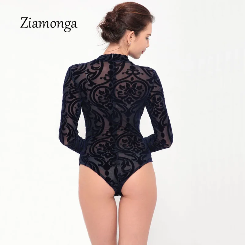 Ziamonga See Through Sexy Bodysuit Women Rompers Bodycon Jumpsuit Transparent Bodysuits Women Long Sleeve Mesh Bodysuit C2915