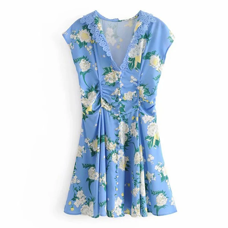 Women's Clothing Dress 2019 Floral Print Lace Collar Buttoned Waist Dress Ms Summer Street Sexy Slim Fit Temperament Clothing