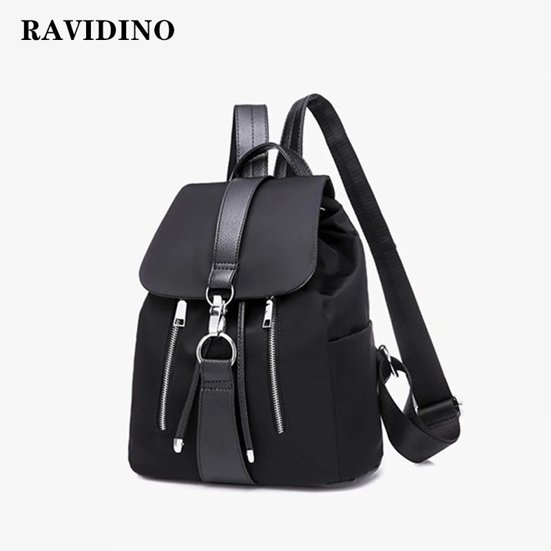 RAVIDINO, женский рюкзак, школьные сумки для девочек-подростков, Нейлоновый, на молнии, с замком, дизайн, черный, рюкзак, модный, большой, вместительный, высокая - Цвет: Черный