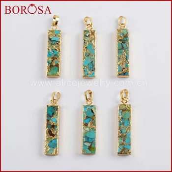 

BOROSA 5/10PCS Gold Color Rectangle Copper Turquoises Pendant Beads Metal Natural Blue Stone for Necklace Druzy Jewelry G1649