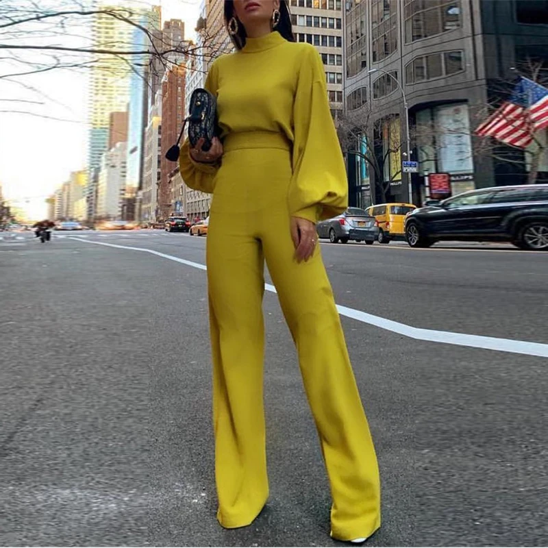 

Elegant Wide Leg Jumpsuit Women High Neck Lantern Sleeve Fashion Casual Loose Jumpsuit Vestido Workwear Rompers