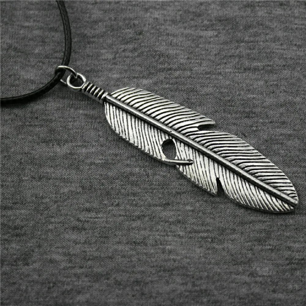 3 Pcs 2019 New Fashion 59x16mm 2 Colors Antique Bronze Silver Color Feather Pendant Necklace Leather Chain For Women | Украшения и