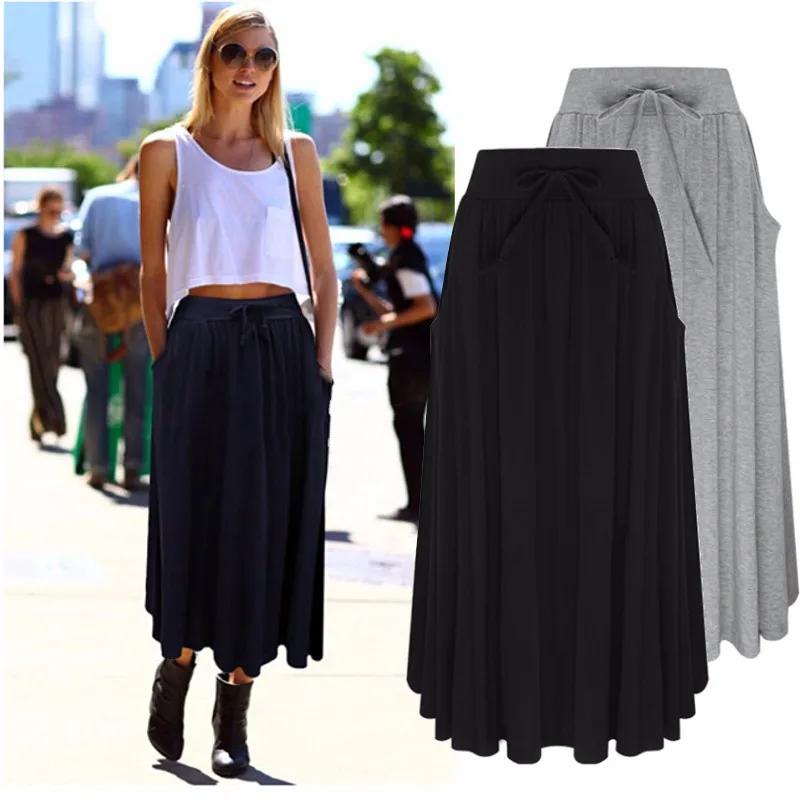 

ZANZEA 2019 New Summer Women Long Skirt Ladies Elastic High Waist Pockets Loose Pleated Mid-calf Skirts Casual Faldas Saia