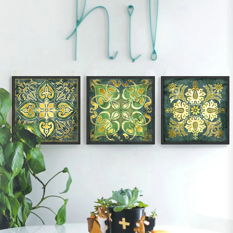 Emerald-Indian-national-pattern-retro-3-piece-canvas-wall-art-home-decor-painting-for-living-room