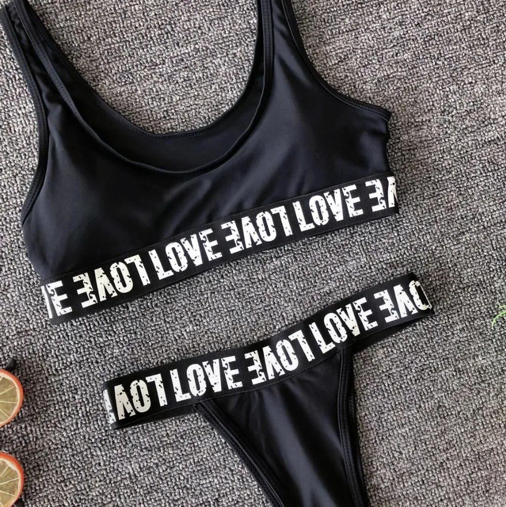 Women Biqiuni Set Soild and Letter Print Bathing Suits Sport Wide Strap Swimsuit Top With Cut Out Thong Bikini 2 Color Size L 7