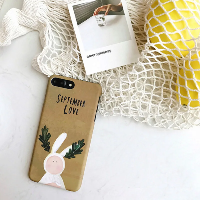 

Funny Letter September Love Cute Rabbit Phone Case For Apple Iphone 8 7 6 6s plus Cases Green Plants Favorite PC Hard Back Cover