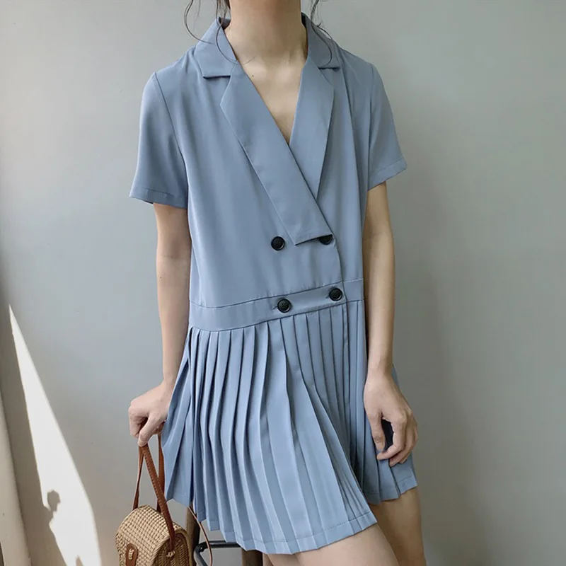 

Summer Ladies JK Dress Pleated Hems Women Blazer Dress Short Sleeve Black Blue Shirts Short Preppy Style Dress Summer 2 orders