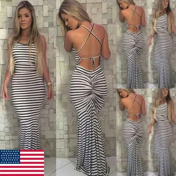 

Sexy Sleeveless Striped Backless Long Maxi Dress Women Party Bodycon Maxi Dress Clothing