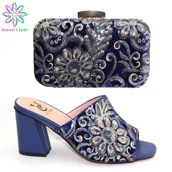 

Navy Blue Fashionable African Slippers and Bag Set High Heels African Shoes with Matching Bags for Wedding Party