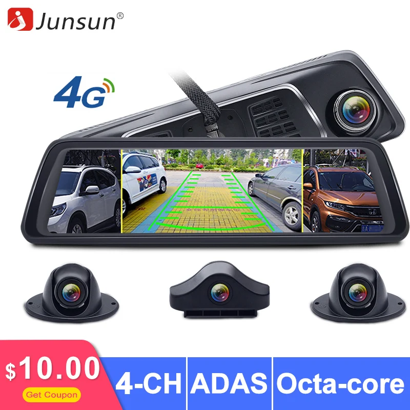 

Junsun 8 Core ADAS 4 Channel Car DVR Rear Camera FHD 1080P Video Recorder Mirror 4G 10" Media Rearview Mirror Android Dash Cam