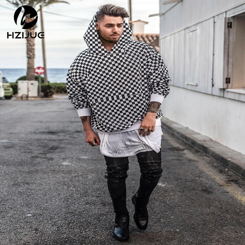 HZIJUE 2017 TOP NEW Justin Bieber checkerboard lattice men Pullover Hoodies hiphop Fashion Casual black Sweatshirts M-XL