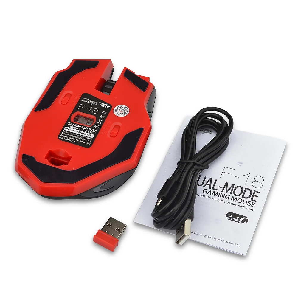 Зелот F18 Gaming Mouse Профессиональный 3200 точек/дюйм проводной USB 2.4 ГГц беспроводной мышки мыши для компьютера PC Аккумуляторная пальцев