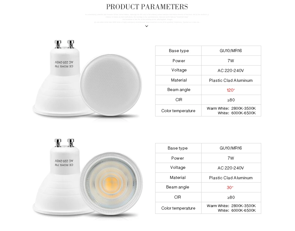 10 шт. высокое качество Пластик Алюминий GU10 светодиодный лампы прожектор 220 V 7 Вт Холодный COB Чип угол луча 120/30 для светильники домашнее освещение