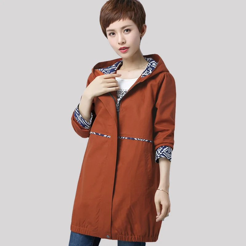 

Female Windbreaker Plue size 5XL 6XL Middle-aged Mother Loose Hooded Outerwear Tops Long sleeves Slim Autumn Trench Coat QH1068